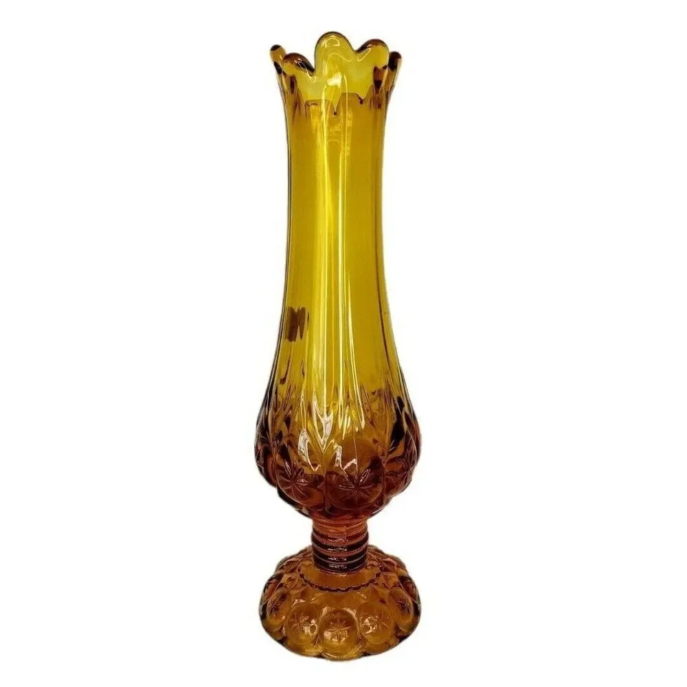 Vintage MCM Amber Celestial Stars Moon Stretch Swung Slag Kanawha Pedestal Vase